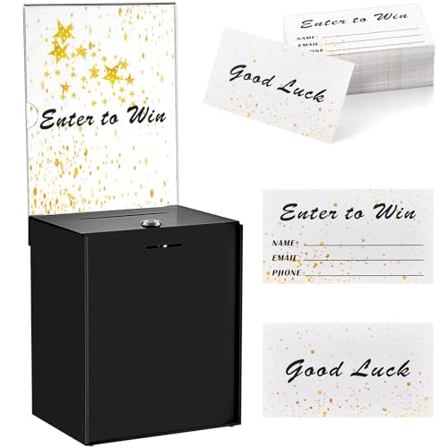 Teling 101 Pcs Tall Acrylic Donation Box with Lock and Sign Plate 7 x 5 x 8 Inches Safe Suggestion Box with Raffle Tickets Cards for Raffle, Money, Voting, Charity, Suggestion (Black) - color: Black, size: 7 x 5 x 8 Inch