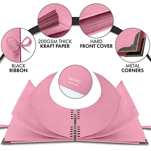 Bstorify Square Scrapbook Photo Albums 7 x 7 Inch Pink Thick Paper, Hardcover, Metal Corners, Ribbon Closure - Ideal for Your Scrapbooking Albums, Art & Craft Projects | Hardcover with Thick 200 GSM Kraft Paper, Ideal for Your Scrapbooking Albums, Art & C