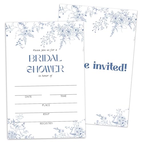WwongxianB Bridal Shower Invitations, Blue Floral Invites for Mr and Mrs New Couples, 25 Fill In Wedding Shower Invitation with Envelopes, Wedding & Bridal Shower Party Favor Decorations -N07 - color: Blue Floral01