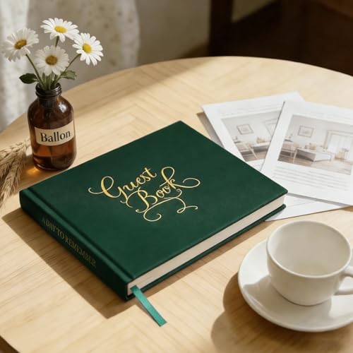 Wedding Guest Book with Exclusive Font Design, Elegant Hardcover Polaroid-Style Sign-In Book for Wedding Receptions, Baby Showers, Birthdays, Bridal Showers, Special Events, Lined Blank Pages, 9" x 7" - color: Darkgreen, style: Elegant Script - Lined