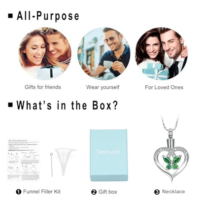Imrsanl Butterfly Heart Pendant Cremation Urn Necklace for Women - color: Silver-Green