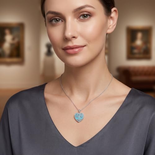 Heart Photo Locket Necklace 14K White Gold Plated Tree of Life Memory Necklace with Picture Turquoise Locket necklace with Picture Inside Tree of Life Jewelry Keepsake Memorial Gifts for Women