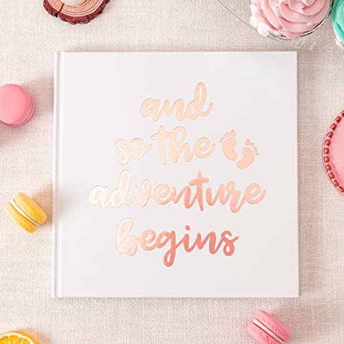 Calculs Polaroid Baby Shower Guest Book So the Adventure Begins Signature Bridal Party Picture Book Blank Pages for Instant Film 8.5” Square White Cover Rose Gold Stamping - style: Contemporary