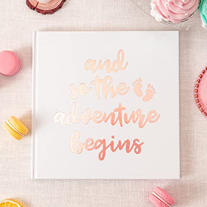 Calculs Polaroid Baby Shower Guest Book So the Adventure Begins Signature Bridal Party Picture Book Blank Pages for Instant Film 8.5” Square White Cover Rose Gold Stamping - style: Contemporary