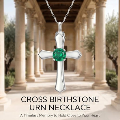 YYB Urn Necklace for Ashes Women Heart Birthstone Cross Cremation Jewelry | Memorial Keepsake Funeral Jewelry for Loved Ones (with Funnel Filler) - color: 05--Emerald May