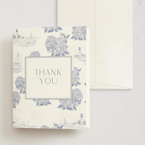 Minted Thank You Cards 10 Pack Coastal Toile Design Folded 4.25 x 5.5 Inch Blank Greeting Cards with Envelopes for Beach Wedding Coastal Events Elegant Appreciation Notes - color: Coastal Toile