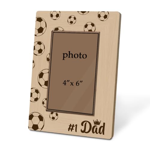 Soccer Ball Dad Picture Frame Holds 4 x 6 Photo, Playful Wooden Keepsake with #1 Dad Crown Design for Tabletop Display, Gift for Soccer Dads or Coach Dads - color: Father13