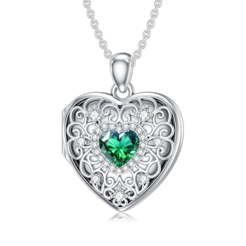 Heart Locket Necklace 925 Sterling Silver Personalized Picture Locket Pendant Birthday Christmas Jewelry Memorial Gifts for Women - color: May Crystal Locket