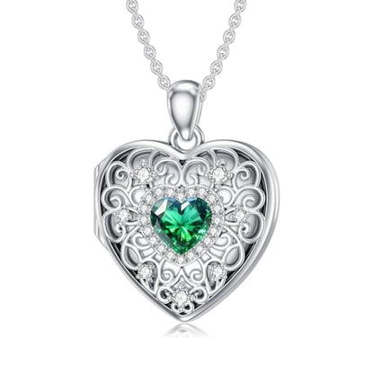 Heart Locket Necklace 925 Sterling Silver Personalized Picture Locket Pendant Birthday Christmas Jewelry Memorial Gifts for Women - color: May Crystal Locket