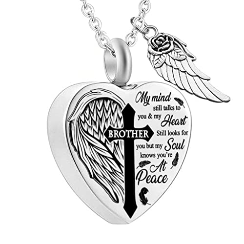 Heart Urn Necklaces for Ashes Cross Angel Wings Cremation Jewelry Keepsake Memorial Pendant for Men Women - style: Brother
