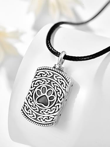 Dreamboat Pet Urn Necklace for Dog Cat Ashes 925 Sterling Silver Paw Print Cremation Keepsake Pendant Celtic Knot Memorial Jewelry Gifts for Women Men - style: 05B-Rectangle (Silver Personalized)