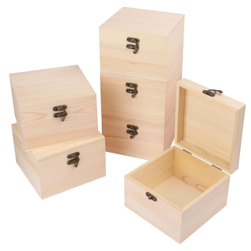 GNIEMCKIN 6 Pack Wooden Box, Unfinished Unpainted Wood Boxes for Crafts, DIY Projects, and Jewelry Storage (6x6x4 inch) - size: 6 Pack (6x6x4 inch)