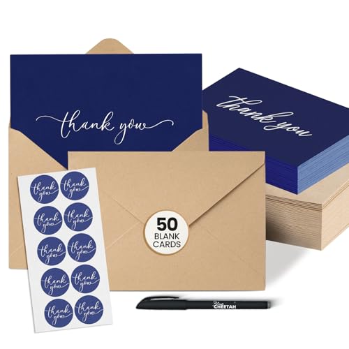 50 Thank You Cards with Envelopes 50 Pack - 4x6 Thank You Cards with Envelopes - Includes 50 Stickers, Pen & Elegant Storage Box - Boxed Assorted Greeting Cards (Navy Blue) - color: Navy Blue, size: 50 pack