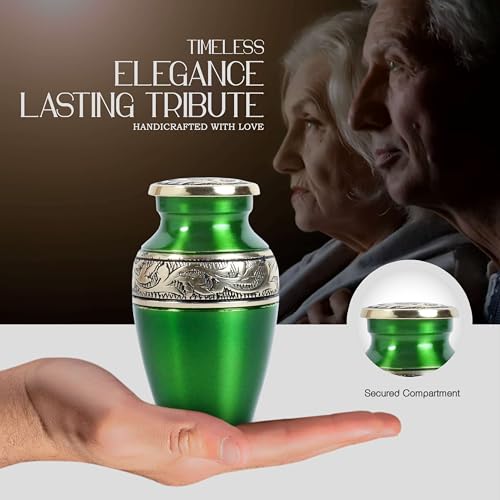 Mini Brass Keepsake Urn for Human Ashes – Handcrafted Green Metal Memorial Urn with Silver Engraved Band – 3 Cubic Inch Small Funeral Cremation Urn for Adult or Pet Ashes with Velvet Bag & Gift Box - size: Green