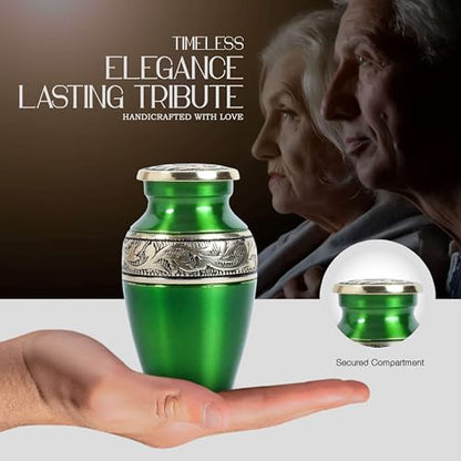 Mini Brass Keepsake Urn for Human Ashes – Handcrafted Green Metal Memorial Urn with Silver Engraved Band – 3 Cubic Inch Small Funeral Cremation Urn for Adult or Pet Ashes with Velvet Bag & Gift Box - size: Green