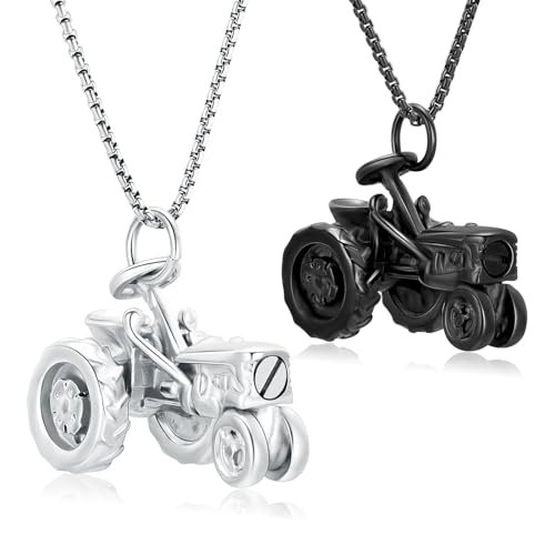 Oinsi Men Keepsake Jewelry Stainless Steel Farm Tractor Cremation Necklace For Ashes For Dad Memorial Urn Necklace Pendant - color: 2PC-Black/Silver