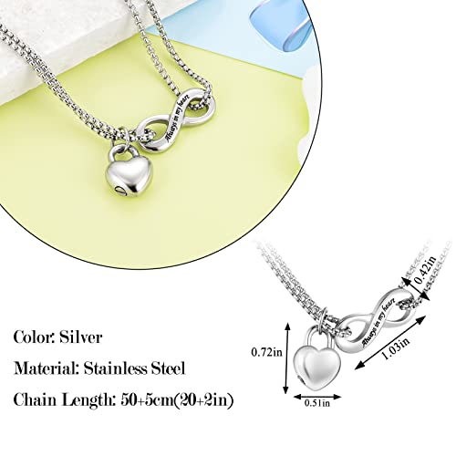 XIUDA Infinity Urn Necklace for Human Ashes Always in My Heart Cremation Necklace Stainless Steel Memorial Ash Jewelry for Women - color: Silver, engraved