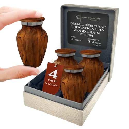 4 Pack Small Keepsake Urn for Human Ashes | Metal Wooden Rosewood Style | Mini Little Memorial Ash Container | Perfect Compact Tribute for Loved Ones | Male Female Man or Woman - color: 4 Rosewood