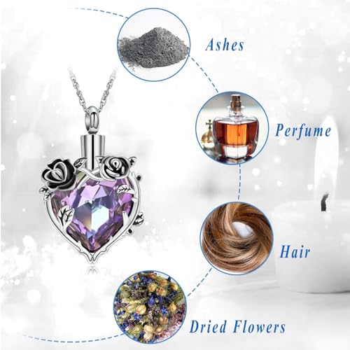 Cremation Jewelry for Ashes Rose Flower Urn Necklace with Crystal Heart Ashes Pendant Butterfly Necklaces for Women Men Memorial Keepsake Jewelry Gift - color: Silver-purple