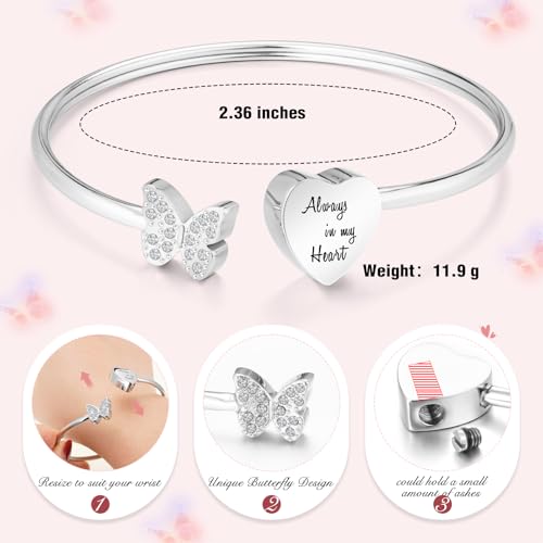 Abooxiu Cremation Jewelry Urn Bracelet for Ashes - Heart Ashes Keepsake Memorial Bangle for Women & Men - Always in my Heart - style: Butterfly-Heart