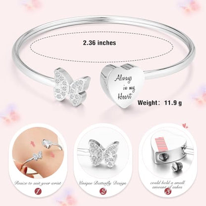 Abooxiu Cremation Jewelry Urn Bracelet for Ashes - Heart Ashes Keepsake Memorial Bangle for Women & Men - Always in my Heart - style: Butterfly-Heart