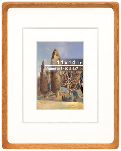 11x14 Picture Frame with Mat for 5x7/8x10, Natural Teak Wood Handcrafted Rounded Corner with Real Glass, Vertical or Horizontal Display Photo Gallery Wall Mounting Frame - color: Teak, size: 11x14 Matted to 5x7/8x10
