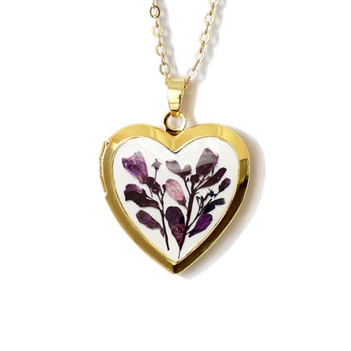 Handmade Dried Pressed Flower Heart Shaped Photo Locket Pendant Necklace - color: Gold, style: Purple Flower on White