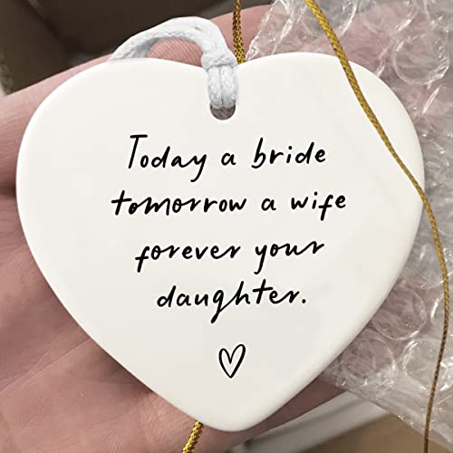 Ceramic Heart Gift for Mother of the Bride, Wedding Keepsake, Double-Sided Design with Hanging Strings, Gift for Mom on Wedding Day from Daughter - color: Today a Bride