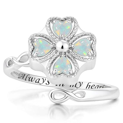 ZOEXUE Four Leaf Clover Cremation Urn Ring for Women, 925 Sterling Silver Adjustable Open Memorial Keepsake Ring with Opal Stones, Holds Ashes Bereavement Sympathy Gift - color: White