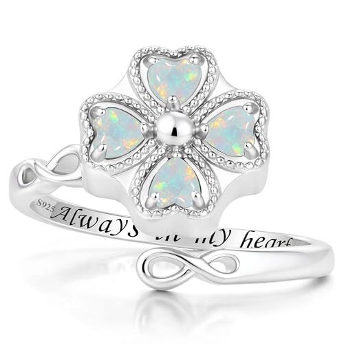 ZOEXUE Four Leaf Clover Cremation Urn Ring for Women, 925 Sterling Silver Adjustable Open Memorial Keepsake Ring with Opal Stones, Holds Ashes Bereavement Sympathy Gift - color: White