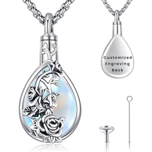 Urn Necklace for Ashes for Women/Men 925 Sterling Silver Cremation Jewelry w/Funnel Filler Memorial Jewelry Gifts - color: A-Rose- Moonstone, style: Customized
