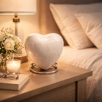 Heart Keepsake Urn for Human Ashes - High Gloss Cremation Urn with Stand and Velvet Bag, Perfect for Adults & Infants (White)