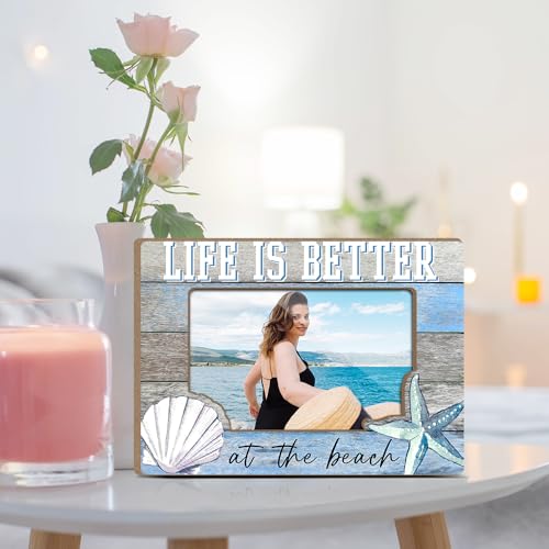 Vacation Honeymoon Wood Photo Frame Life Is Better at the Beach Themed Gifts Desk Picture Frame Modern Pictures Frames Farmhouse Picture Frames Photo Gifts for Cruise Lovers Beach Gift YT0080 - color: Blue