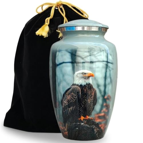 Cremation Urn for Human and Pet Ashes, Bald Eagle Design - Large urn for Ashes - with Velvet Bag
