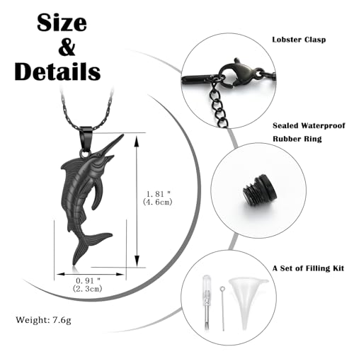 Fish Cremation Jewelry Swordfish Pendant Urn Necklace for Women Men | stainless steel pendant, waterproof sealed ring & lobster clasp keep ashes secure, with a filling tool, funeral keepsake gift - color: Black