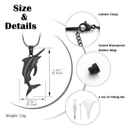 Fish Cremation Jewelry Swordfish Pendant Urn Necklace for Women Men | stainless steel pendant, waterproof sealed ring & lobster clasp keep ashes secure, with a filling tool, funeral keepsake gift - color: Black