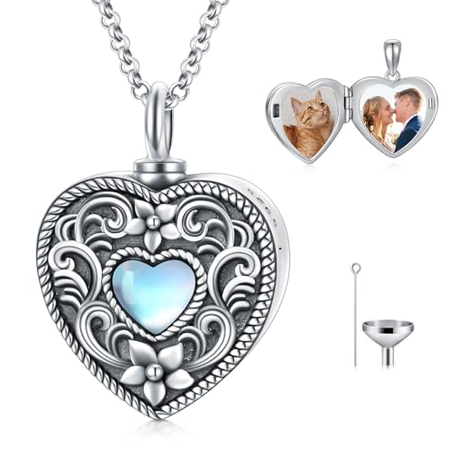 Personalized Heart Urn Locket Necklace for Ashes and Pictures 925 Sterling Silver Customized Locket Cremation Necklace for Ashes Memorial Keepsake Jewelry for Women - color: Flower Moonstone Urn Locket, style: No Custom