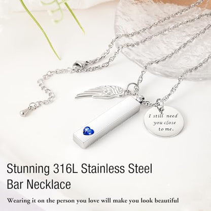XIUDA Cremation Jewelry for Ashes with Angel Wing Charm Vertical Bar Urn Necklace Stainless Steel Memorial Keepsake Pendant for Women - color: Blue