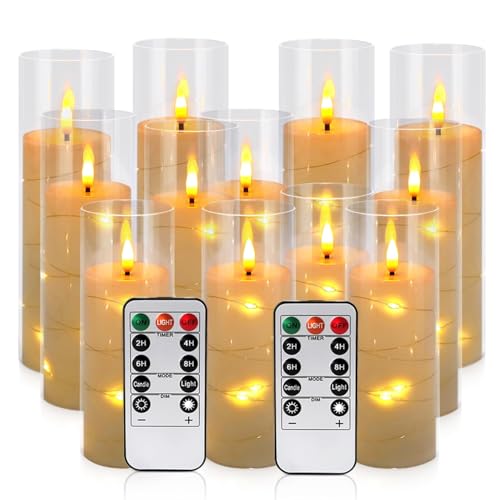 12 Pack Acrylic Flameless Candles,with Embedded Star String, Battery Operated Candles Flickering LED Pillar Candles with Remote Control and Timer, Ideal for Indoor/Outdoor Decor,Wedding,BBQ and Gift. - size: 12-Pack-Acrylic Star-White