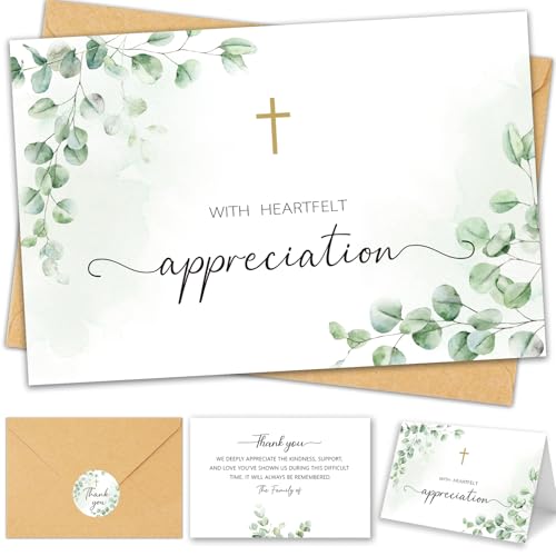 50 Funeral Thank You Cards with Envelopes, Eucalyptus Leaves Design | 4×6In, Sympathy Thank You Cards, Watercolor, Bereavement Thank You Cards,Message Inside for Funeral Family Friends Loved Ones - color: Light Green