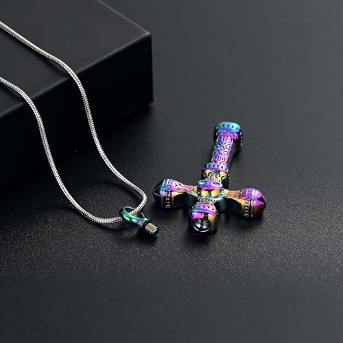 Skull Cross Cremation Jewelry Retro Skull Urn Necklaces for Ashe Stainless Steel Memorial locket Keepsakes Jewelry Human Ash Pendant Jewelry for Men Women - color: Rainbow