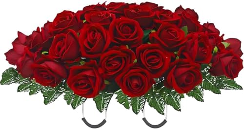 Artificial Roses Cemetery Flowers Outdoor Grave Decorations Saddle Arrangement for Headstone,Tombstone Memorial Decorations,Easy Fit (Red) - color: Red