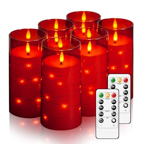 Flickering Flameless Candles with Remote Timer, 6pcs LED Battery Operated Candles with Embedded String Lights Red, Same Size D3 H6 - color: Red