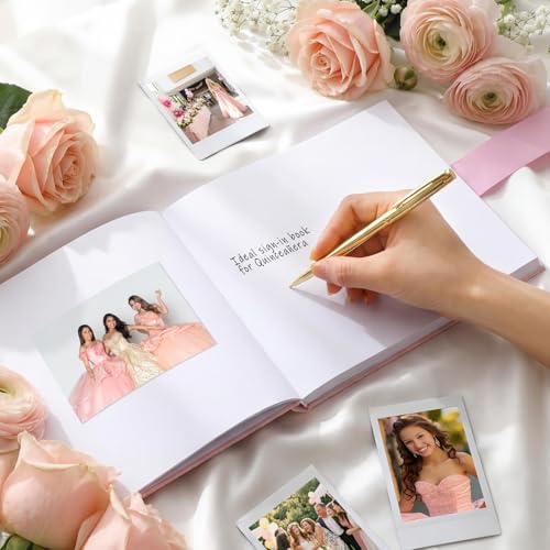 Panelee Velvet Quinceañera Guest Book with Pen Pink Sign in Log with Bow 15 Year Anos Quince Book 144 Page Signature Guest Sign in Keepsake Album for Birthday Party Keepsake Gift - color: Pink