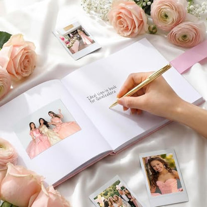 Panelee Velvet Quinceañera Guest Book with Pen Pink Sign in Log with Bow 15 Year Anos Quince Book 144 Page Signature Guest Sign in Keepsake Album for Birthday Party Keepsake Gift - color: Pink