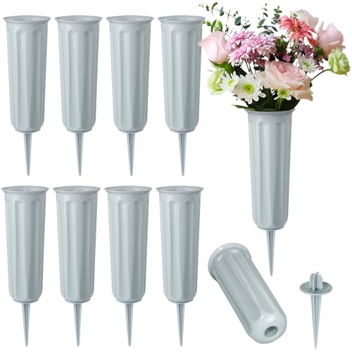 Cemetery Vases Memorial Flower Vase Plastic Flower Holders with Spikes for Flowers Headstones Cemetery Grave Decoration (10, Grey), Flower is not Included - color: Gray
