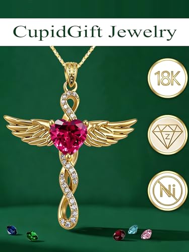 Angel Wings Infinity Cross Necklace for Women, 18K Gold Plated Heart Birthstone Pendant Necklace, Dainty Christian Jewelry Gifts for Mothers Day Valentines Day Christmas Birthday - color: Glod