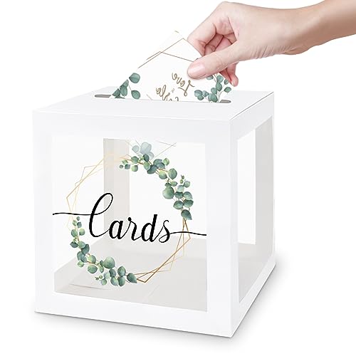 White Wedding Card Box, Clear Gift Card Box for Party, 1 Pack | Money Box, Wedding Decorations for Reception, Bridal Shower Decorations, Party Reception Anniversary, Baby Shower - color: Transparent White Card Box with Black Cards