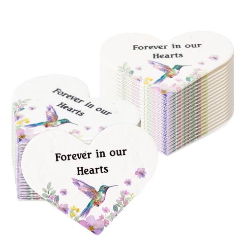WATINC Hummingbird Plantable Memorial Gift Tags, 50Pcs Moss Rose Seed Paper | Forever in Our Hearts, Heart Shaped Remembrance for Funeral Favors, Memorial Service, Sympathy Gifts & Celebration of Life