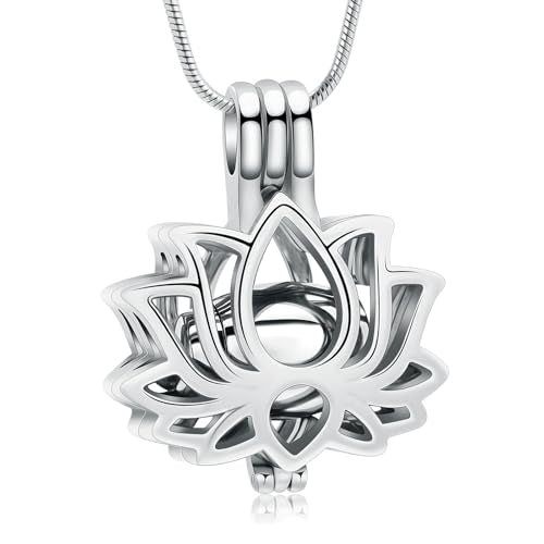 Cremation Jewelry Lotus Flower Urn Necklaces for Ashes Stainless Stell Memorial Ash Pendant Necklaces with Mini Urn Keepsake Ash Jewelry for Men Women Gifts with Funnel Filler Kit - color: Silver